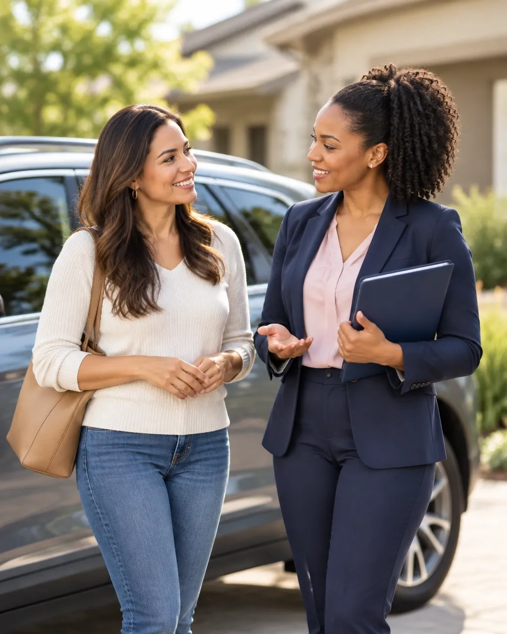 An insurance advisor talking with a client beside her car