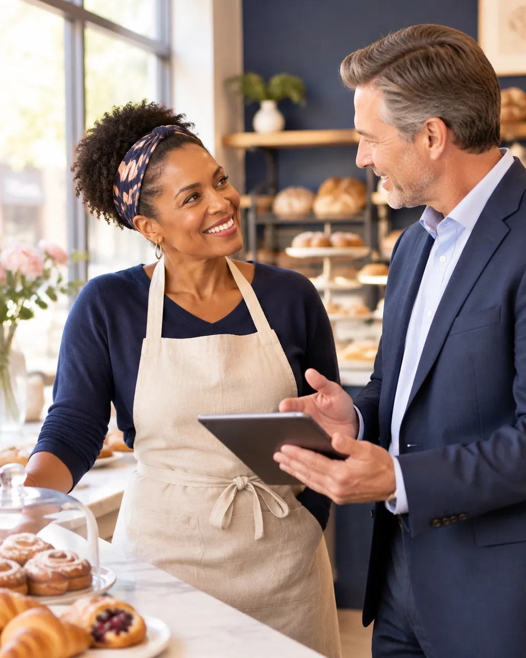 A small-business owner meeting with an insurance advisor