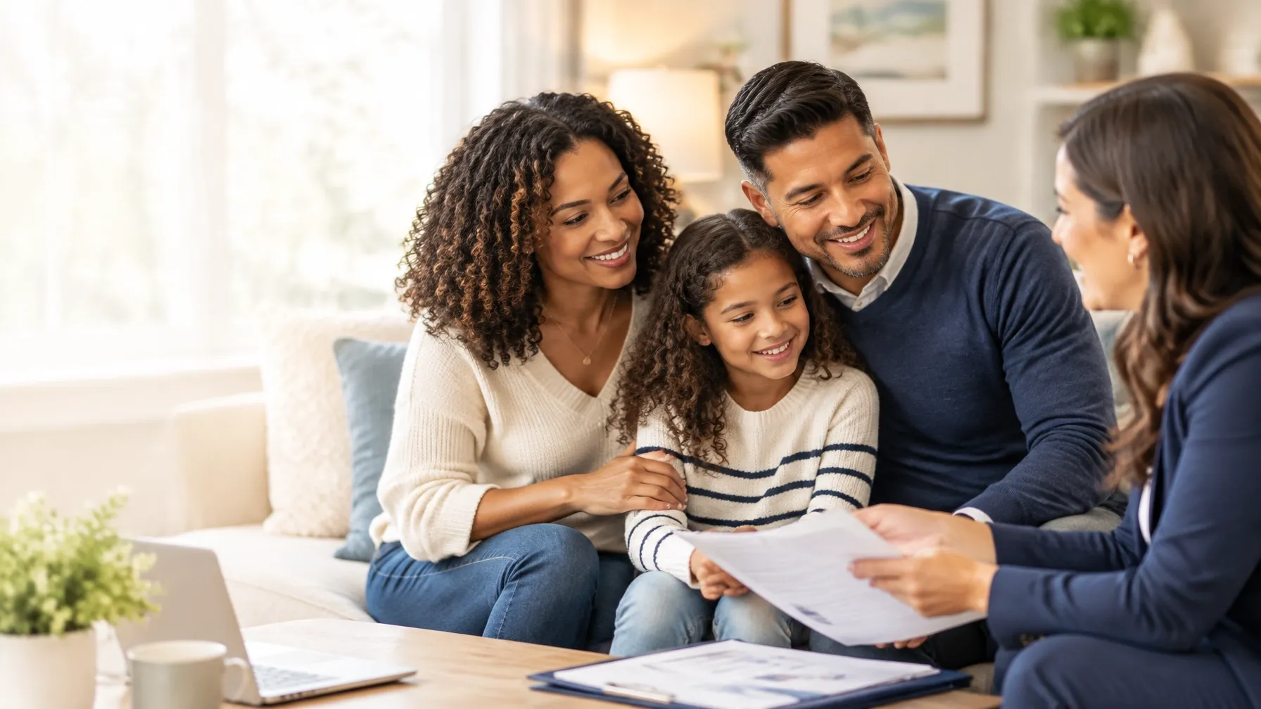 A multiracial family meeting with an insurance advisor to discuss protection options