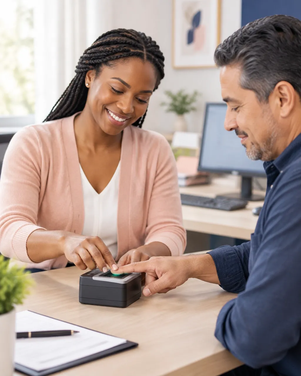 A fingerprinting technician assisting a client with a digital fingerprint scanner
